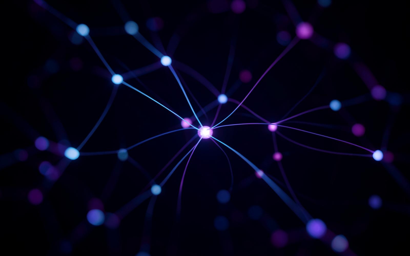 Abstract neural network of glowing indigo and violet nodes representing human cognition