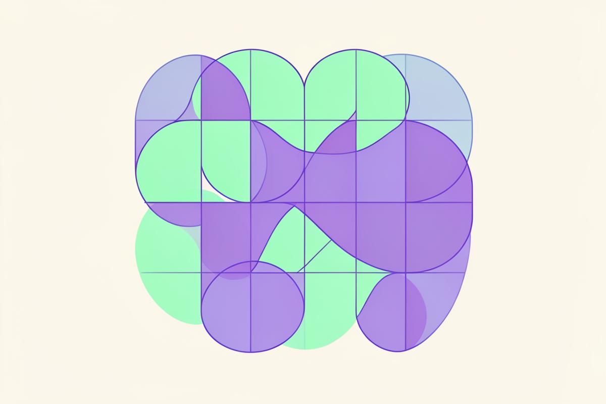 Geometric puzzle motif of overlapping violet and mint shapes on a grid, illustrating pattern recognition items